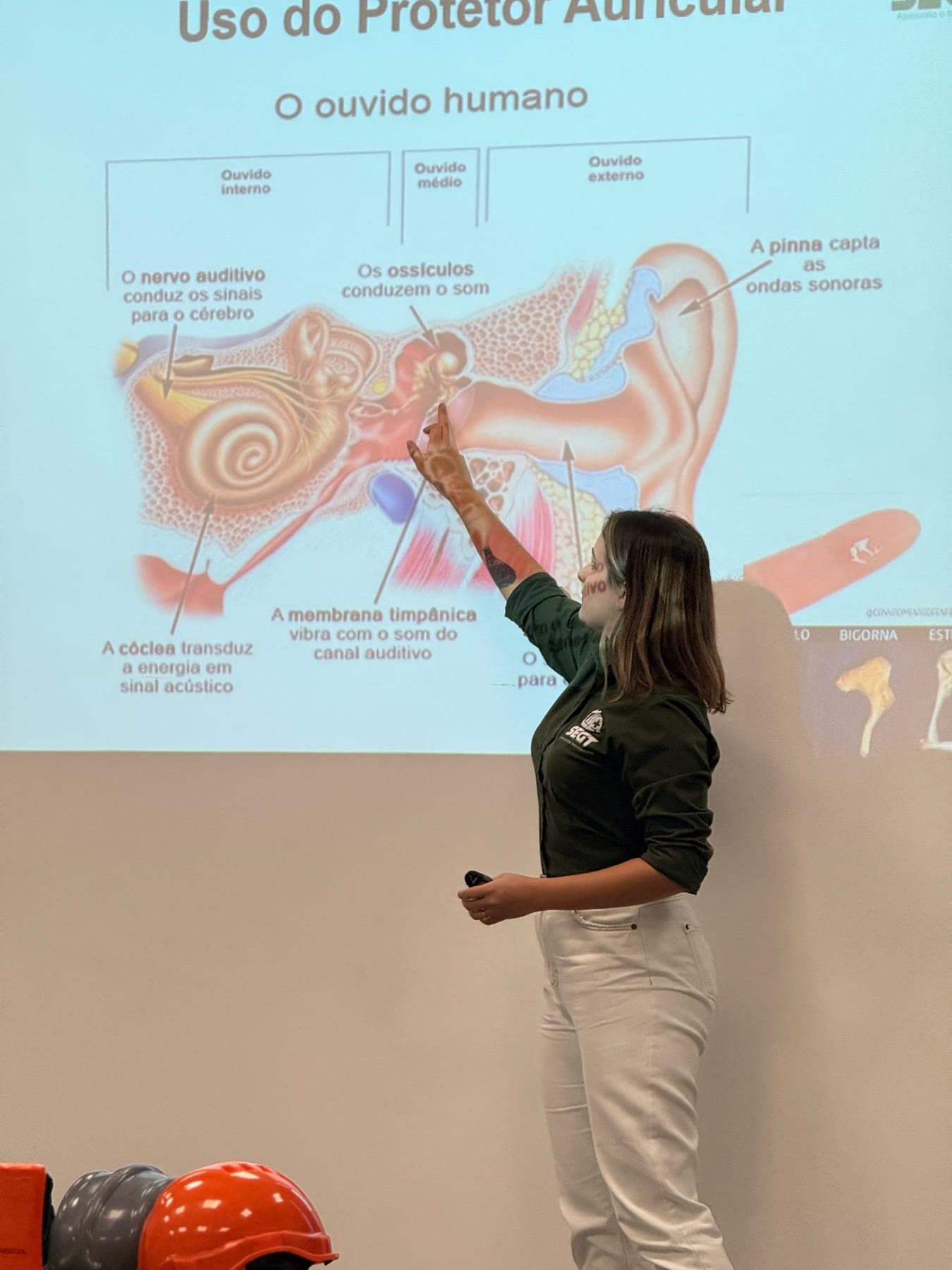 Profissional da SEGT apresentando conteúdo técnico sobre saúde auditiva em treinamento